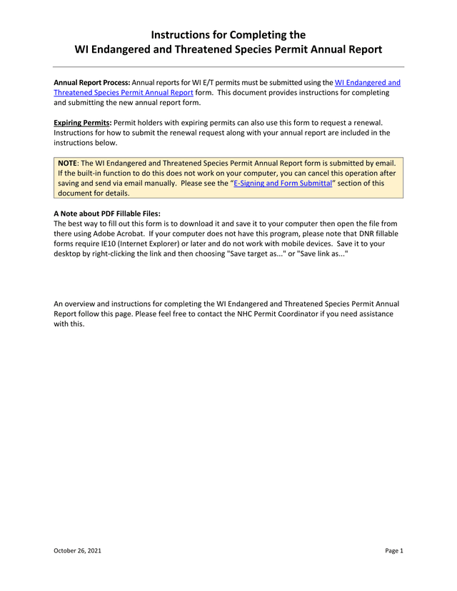 WI Endangered And Threatened Species Permit Annual Report Instructions screenshot