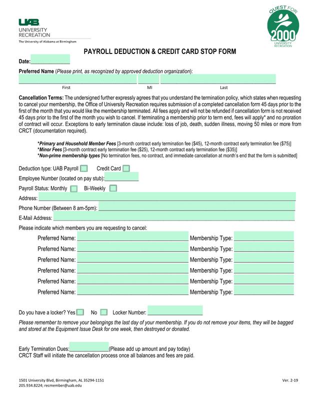 Payroll Deduction  Credit Card Stop Form screenshot