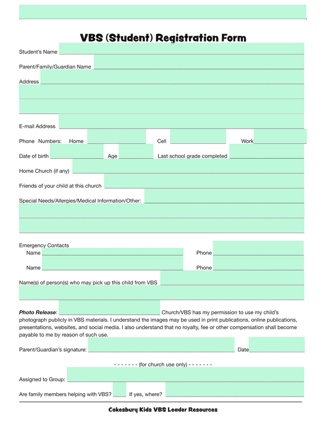 Cokesbury Kids VBS Student Registration Form screenshot