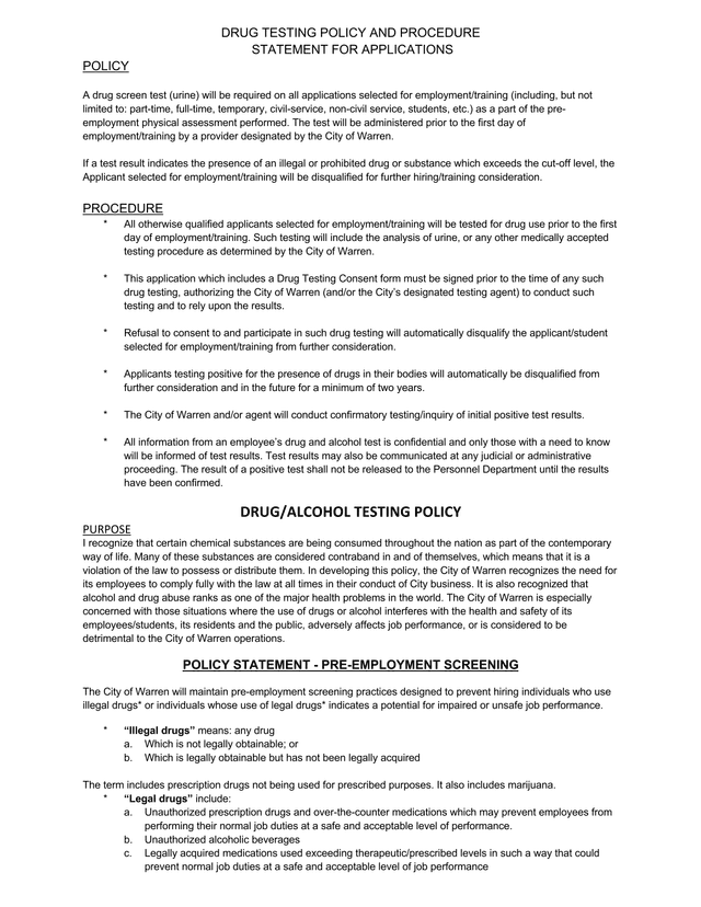Drug Testing Policy And Procedure Statement For Applications screenshot