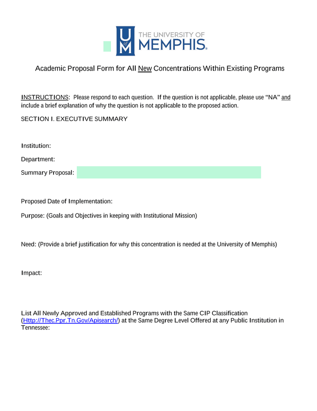 Academic Proposal Form For All New Concentrations Within Existing Programs screenshot