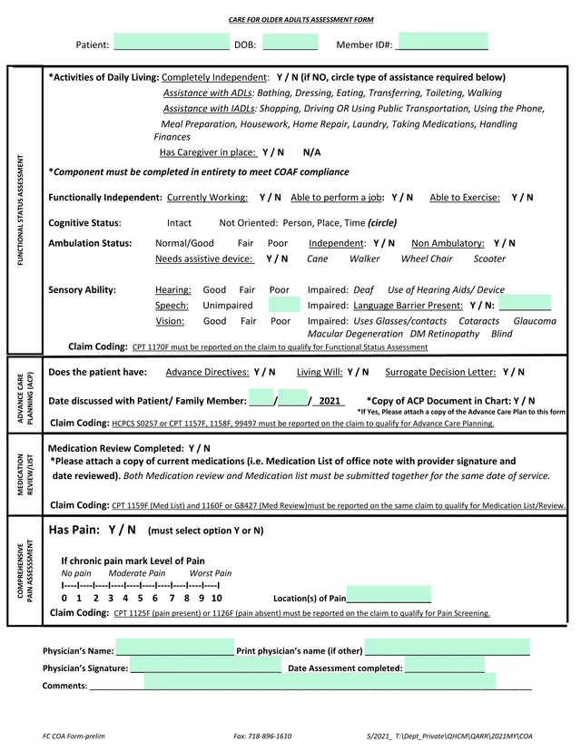 Care For Older Adults Assessment Form screenshot