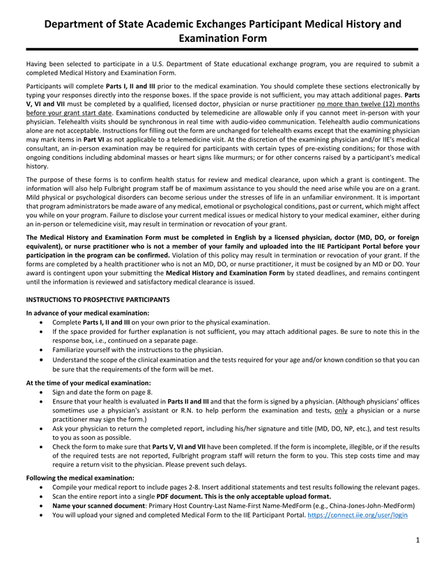 Department Of State Academic Exchanges Participant Medical History And Examination Form screenshot