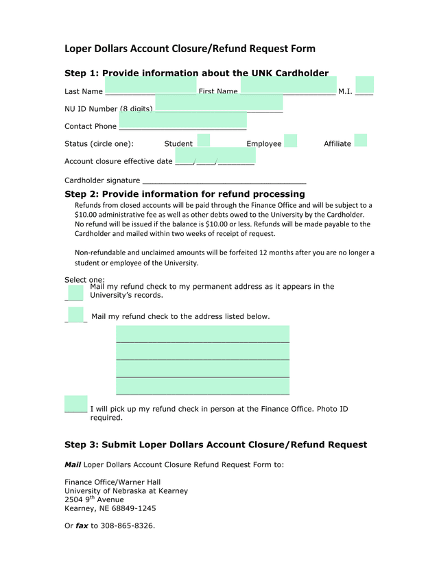Loper Dollars Account ClosureRefund Request Form screenshot