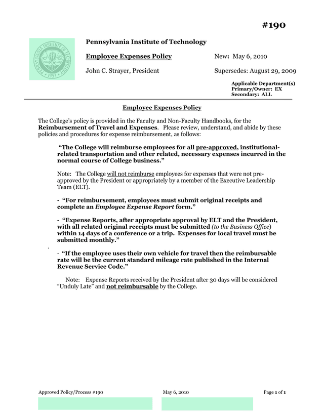 190 Employee Expenses Policy screenshot