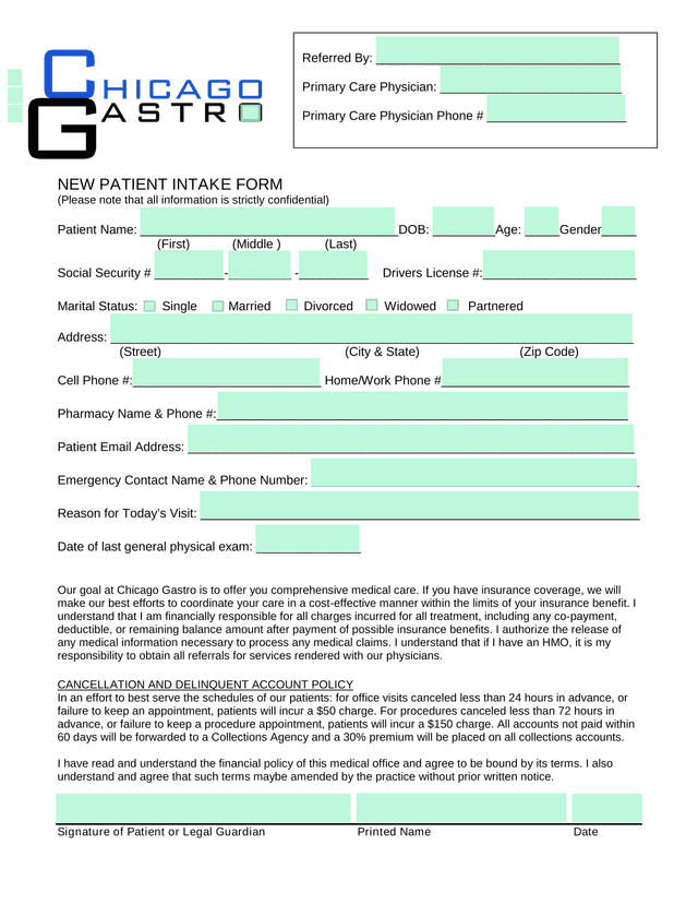 NEW PATIENT INTAKE FORM screenshot
