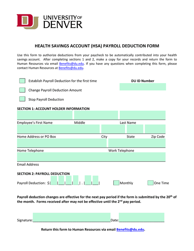 Health Savings Account (HSA) Payroll Deduction Form screenshot