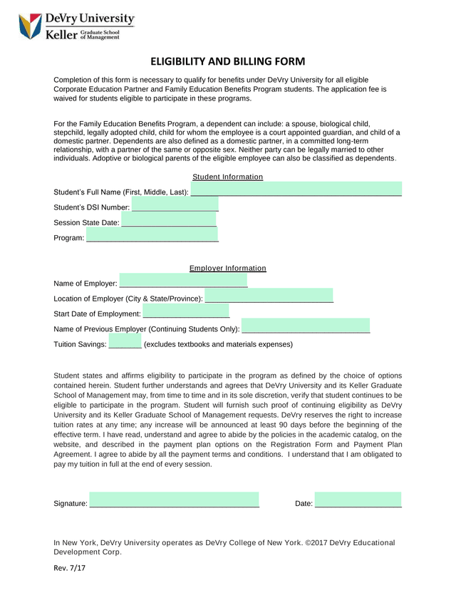 ELIGIBILITY AND BILLING FORM screenshot