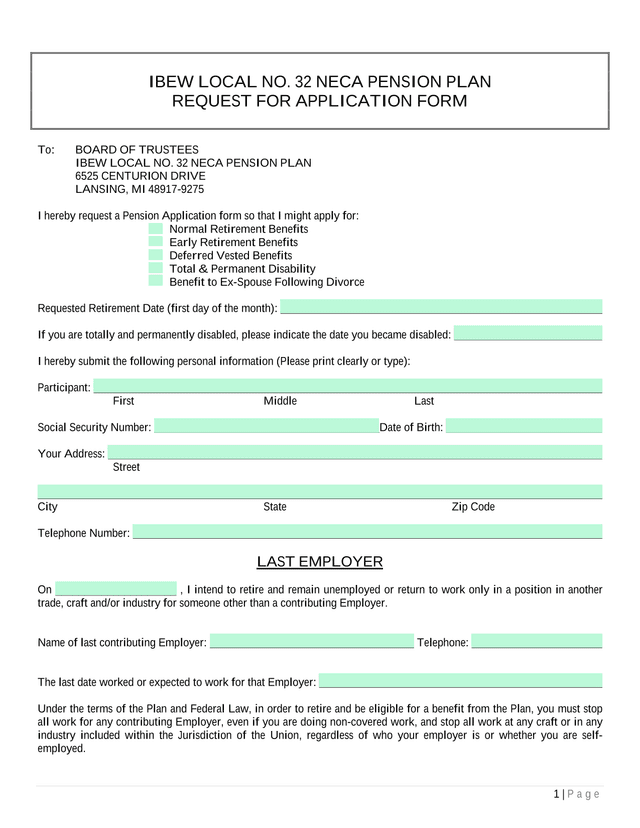 IBEW LOCAL NO. 32 NECA PENSION PLAN REQUEST FOR APPLICATION FORM screenshot