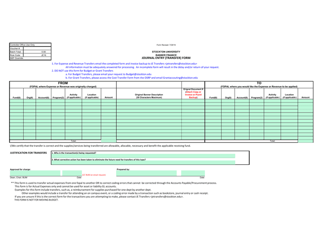BANNER FINANCE JOURNAL ENTRY (TRANSFER) FORM screenshot
