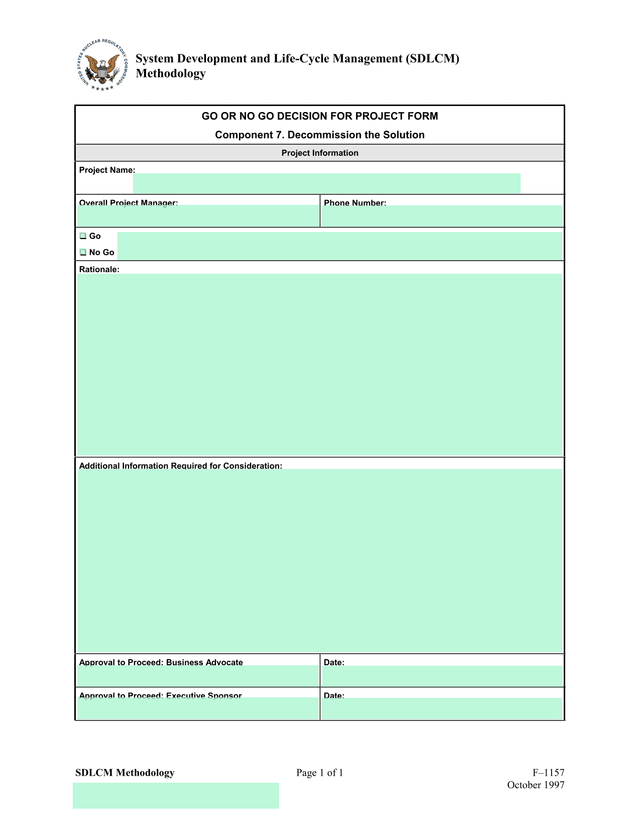 GO OR NO GO DECISION FOR PROJECT FORM screenshot