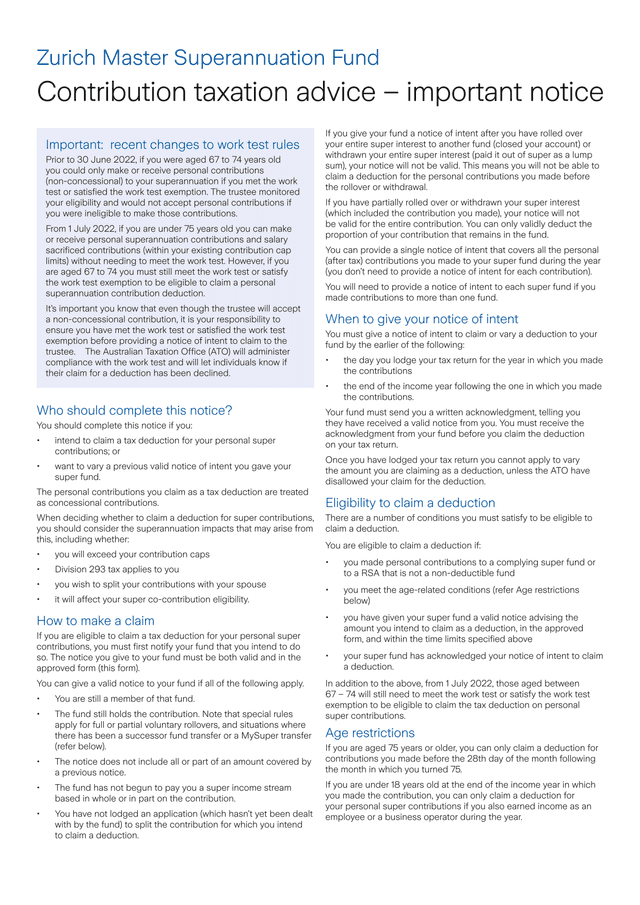 Zurich Master Superannuation Fund Contribution Taxation Advice screenshot