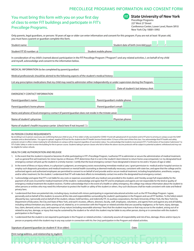 Precollege Programs Information And Consent Form screenshot