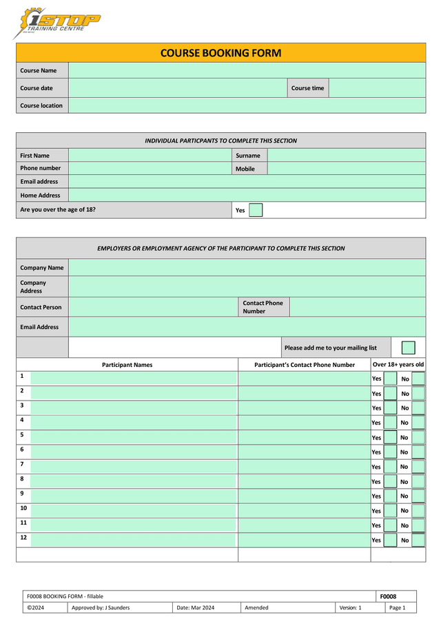 F0008 BOOKING FORM screenshot