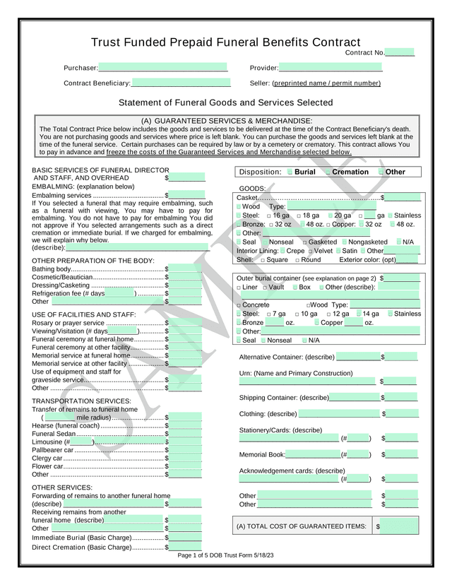 Trust Funded Prepaid Funeral Benefits Contract screenshot