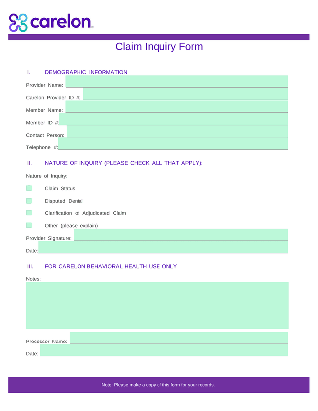 Claim Inquiry Form screenshot