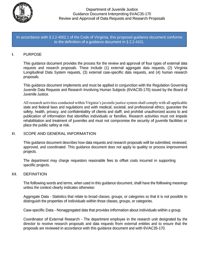 Guidance Document Interpreting 6VAC35 170 Review And Approval Of Data Requests And Research Proposal screenshot