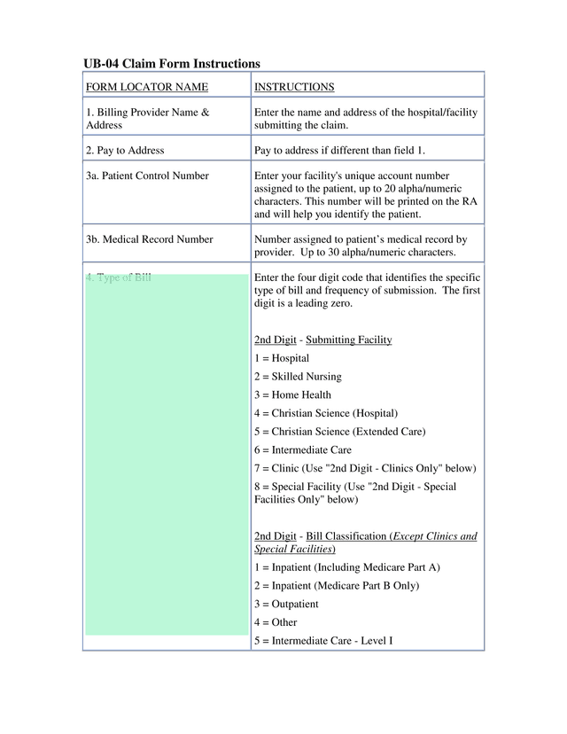 UB 04 Claim Form Instructions screenshot