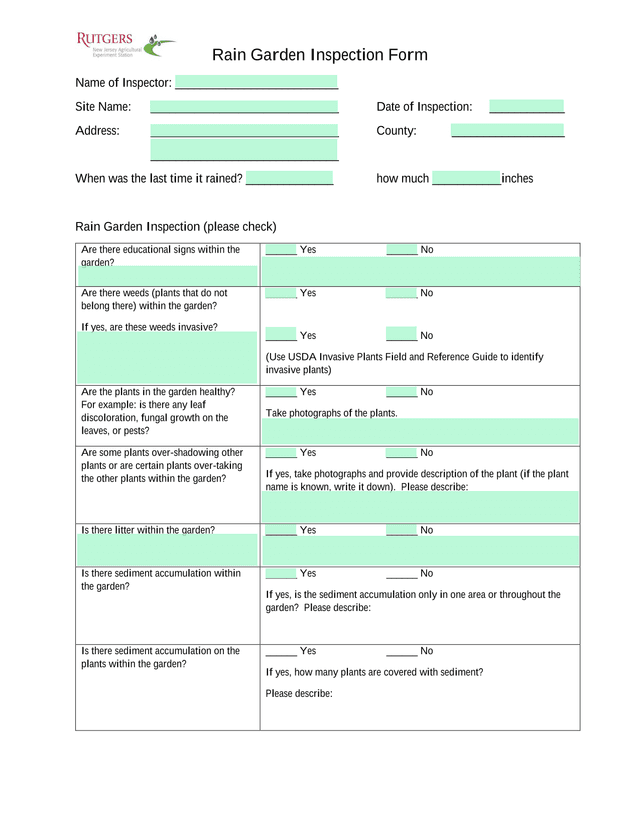 Rain Garden Inspection Form screenshot