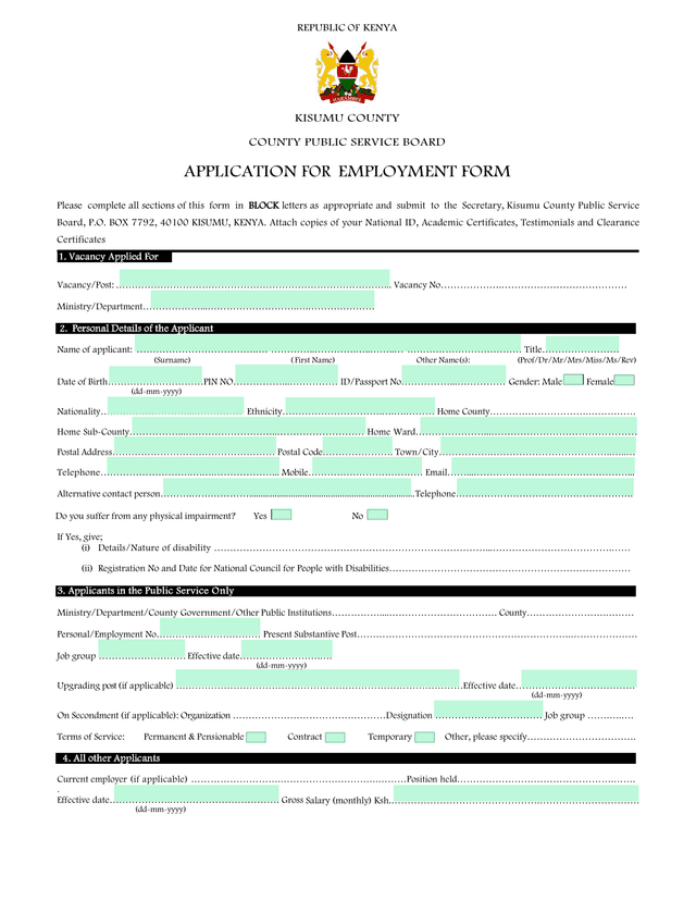 APPLICATION FOR EMPLOYMENT FORM screenshot