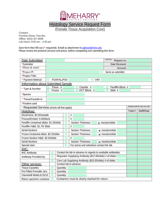 Histology Service Request Form screenshot