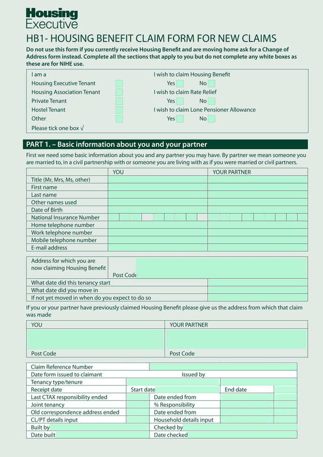 HB1  HOUSING BENEFIT CLAIM FORM FOR NEW CLAIMS screenshot
