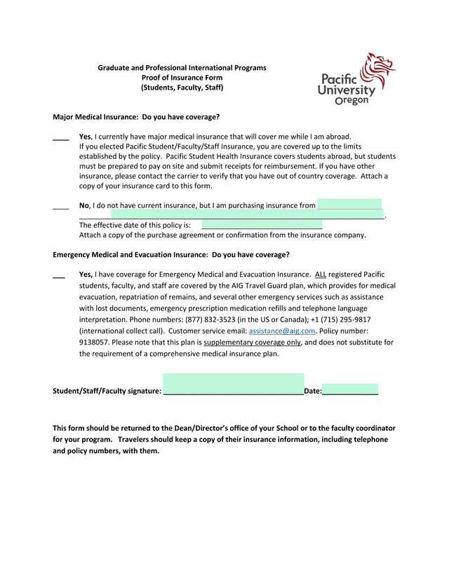 Graduate And Professional International Programs Proof Of Insurance Form screenshot