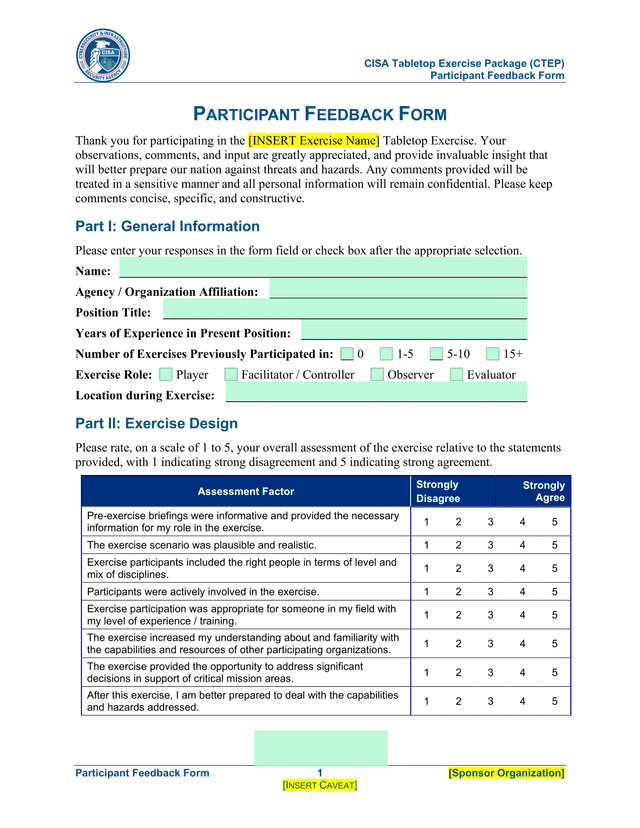 CISA Tabletop Exercise Package (CTEP) Participant Feedback Form screenshot