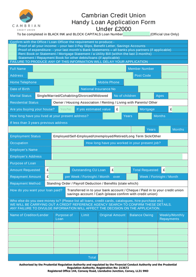 Cambrian Credit Union Handy Loan Application Form screenshot