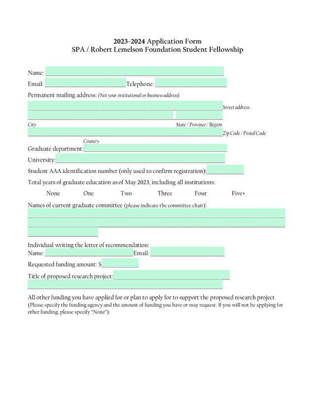 2023 2024 Application Form SPA  Robert Lemelson Foundation Student Fellowship screenshot