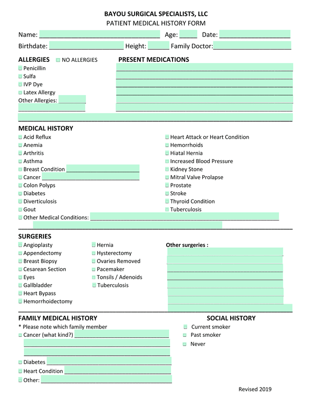 Patient Medical History Form screenshot
