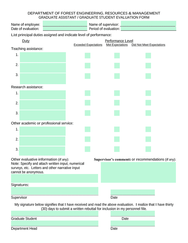 Graduate Assistant  Graduate Student Evaluation Form screenshot