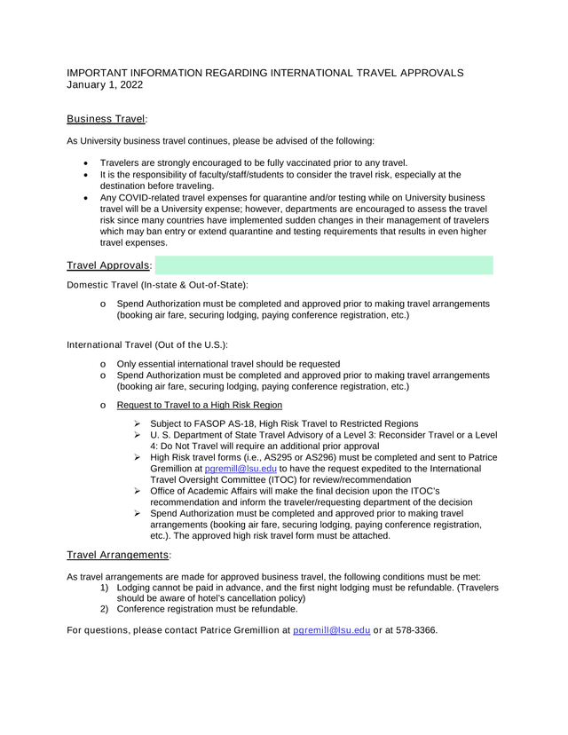 IMPORTANT INFORMATION REGARDING INTERNATIONAL TRAVEL APPROVALS screenshot