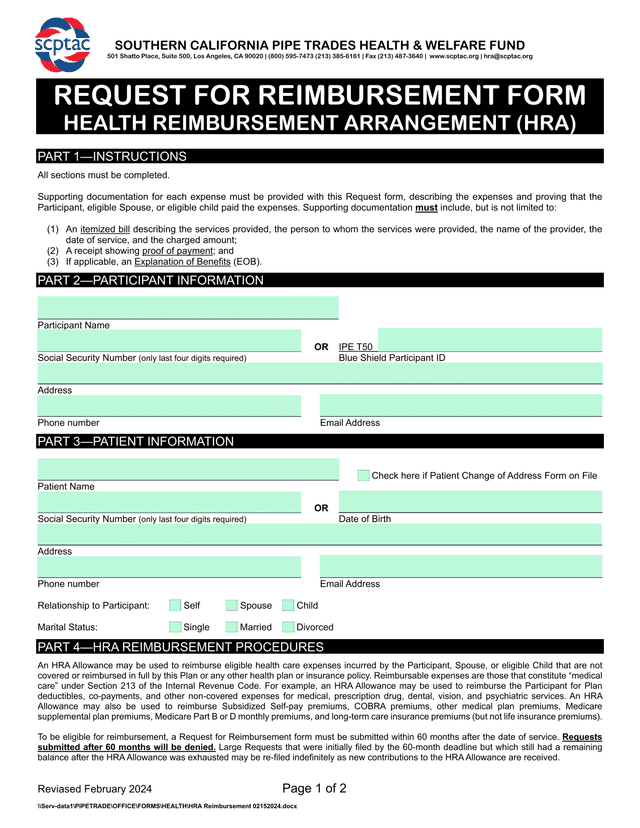 REQUEST FOR REIMBURSEMENT FORM screenshot