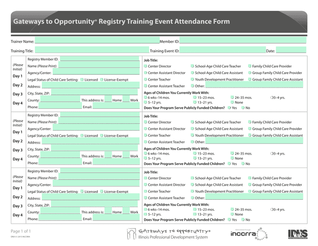 Gateways To Opportunity Registry Training Event Attendance Form screenshot