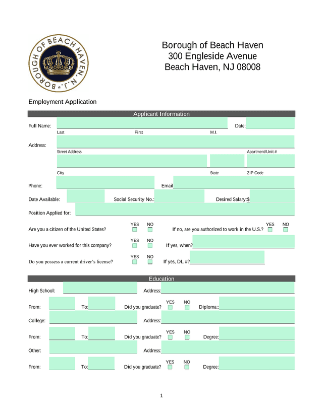 Employment Application screenshot