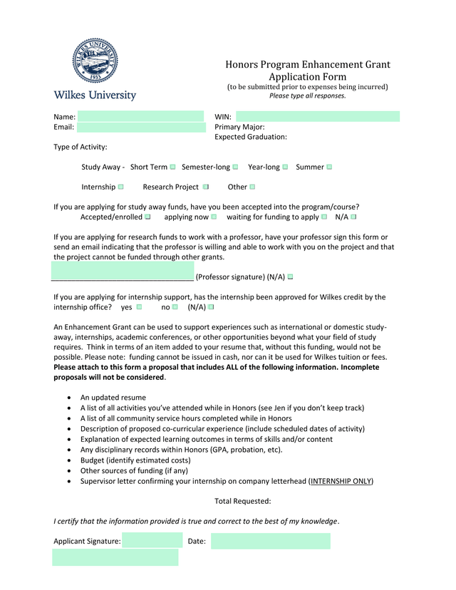 Wilkes University Enhancement Grant Application screenshot