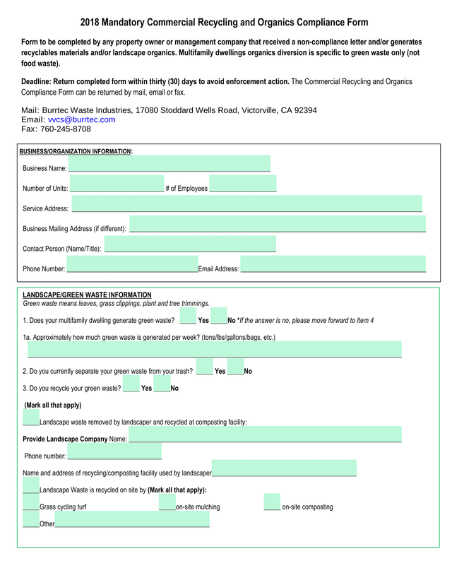 2018 Mandatory Commercial Recycling And Organics Compliance Form screenshot