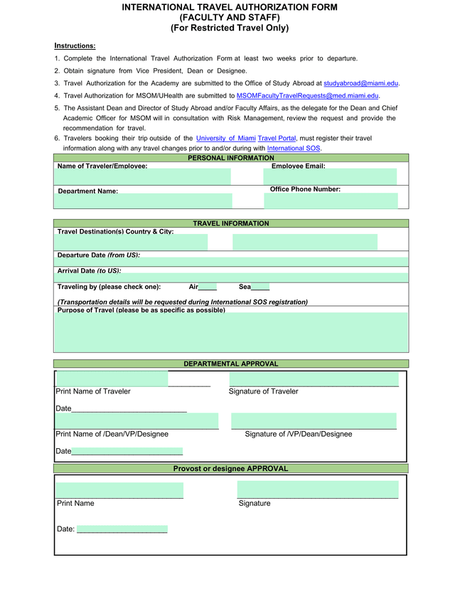 International Travel Authorization Form (Faculty And Staff) screenshot