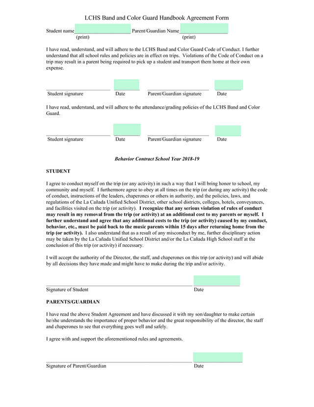 LCHS Band And Color Guard Handbook Agreement Form screenshot