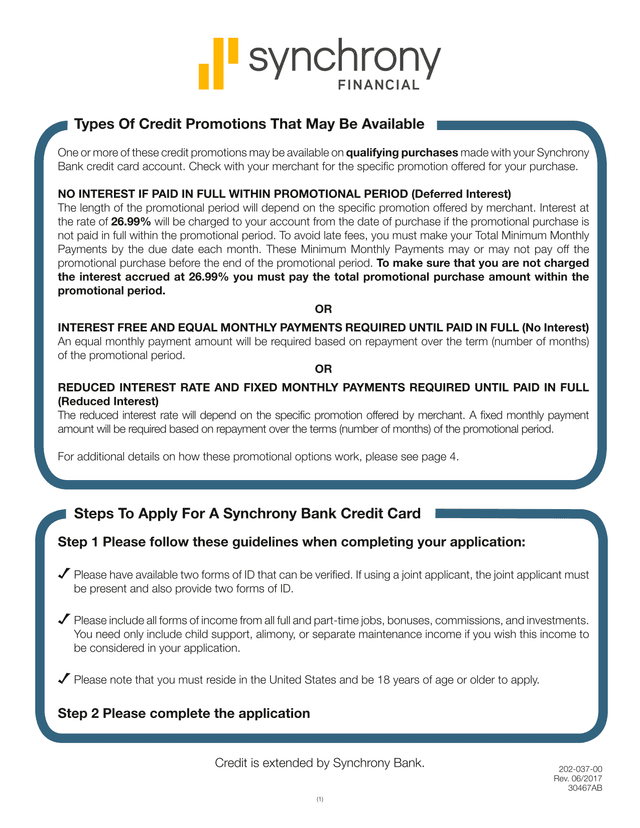 Synchrony Bank Credit Card Application Guidelines screenshot