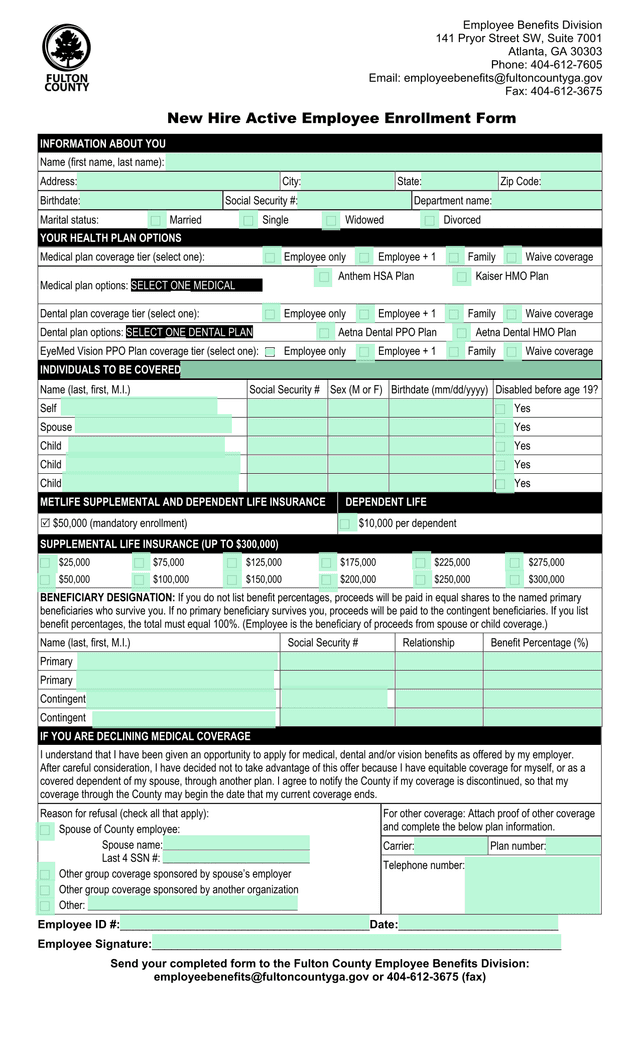 New Hire Active Employee Enrollment Form screenshot