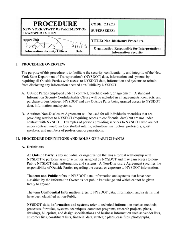 Non Disclosure Procedure screenshot