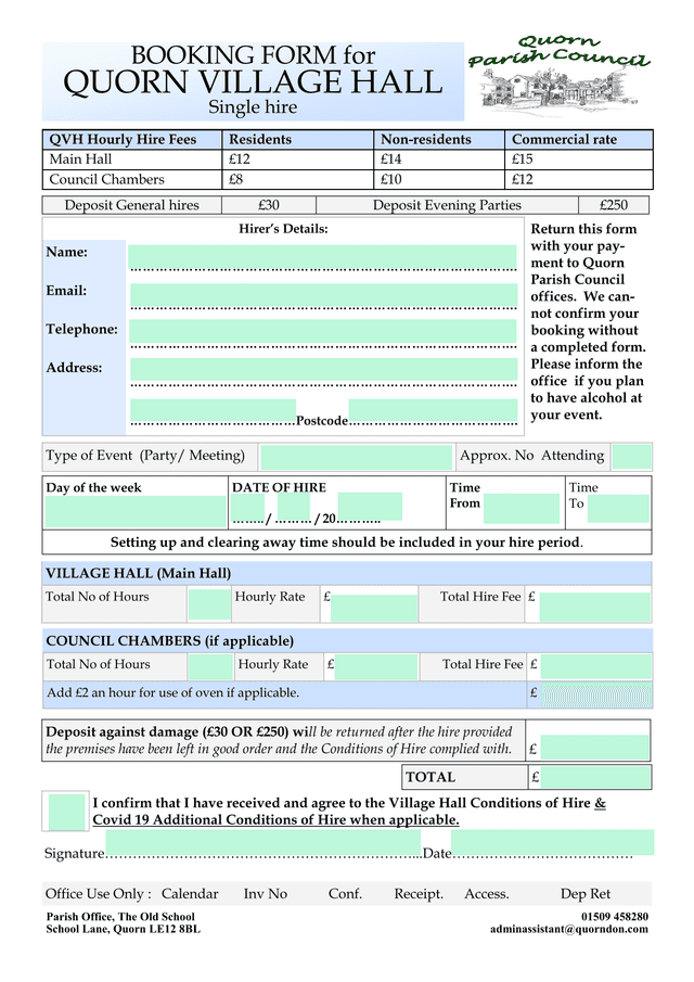 BOOKING FORM For QUORN VILLAGE HALL screenshot