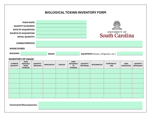 Biological Toxins Inventory Form screenshot