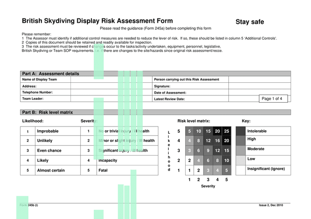 Form 245b (I) British Skydiving Display Risk Assessment Form screenshot