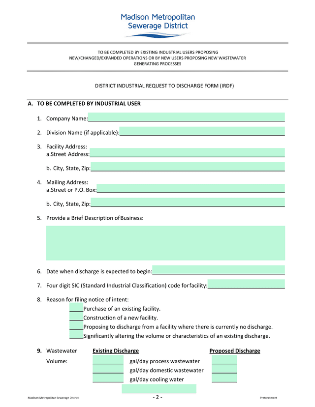 District Industrial Request To Discharge Form (IRDF) screenshot