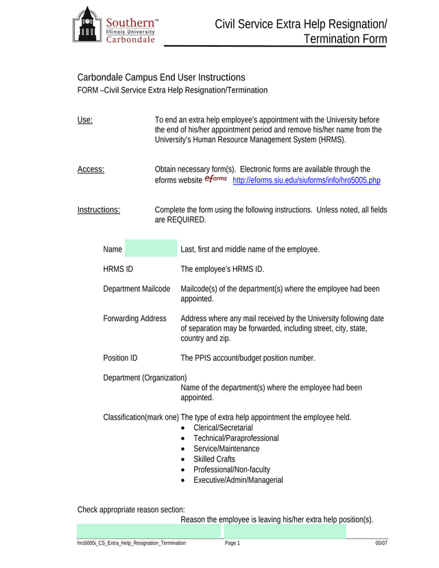 Civil Service Extra Help ResignationTermination Form screenshot