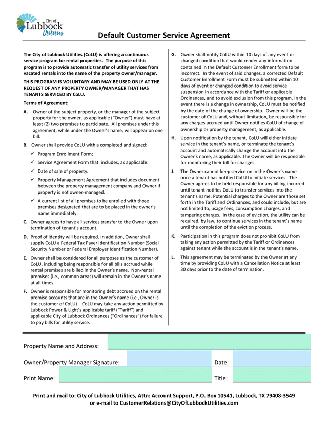 Default Customer Service Agreement screenshot