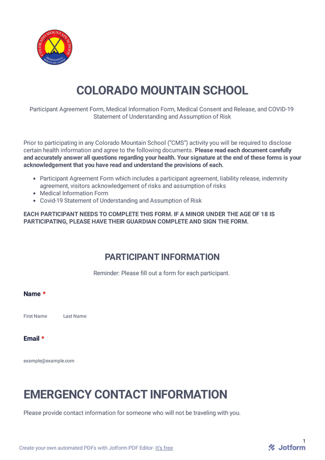 Colorado Mountain School Participant Agreement Form screenshot